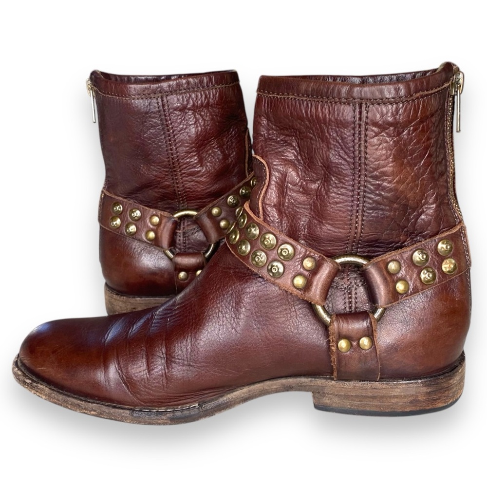 FRYE Phillip Studded Harness Ankle Boot Chocolate Brown Size 8